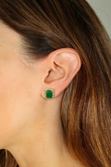 Emerald-Cut Emerald Halo Gold Earrings 14k