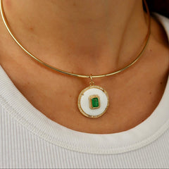 White Pearl and Emerald Cut Emerald Charm 14k