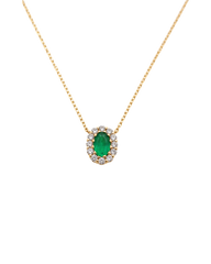 Emerald Diamond Halo Gold Necklace 14k