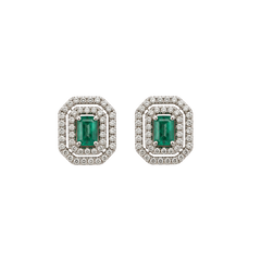 Emerald Cut Emerald Double Halo Studs 14k
