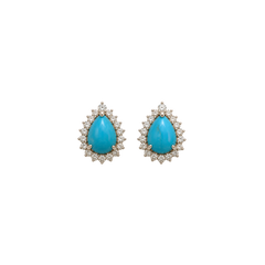 Pear Turquoise Diamond Halo Studs 14k