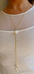 Pearl Lariat Long Gold Necklace