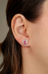 Round Diamond Halo Pink Sapphire Earrings 14k