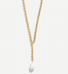 Pearl Charm Gold Rolo Lariat Necklace