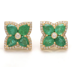 Emerald Diamond Flower Studs Gold 14k