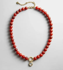 Oval Bezel Charm Red Beaded Necklace