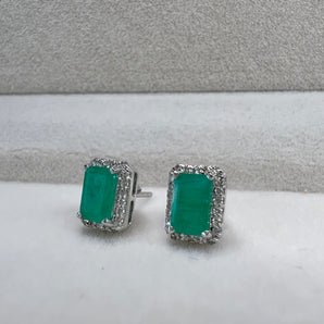 Emerald-Cut Emerald with Diamond Halo 14k Studs